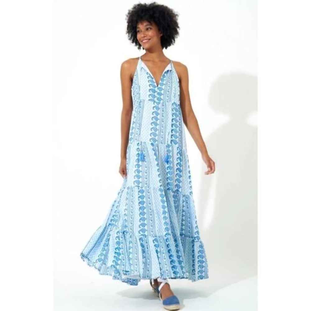 Oliphant Long Tiered Tassel Maxi Dress Babylon Blue White Cotton Trapeze M